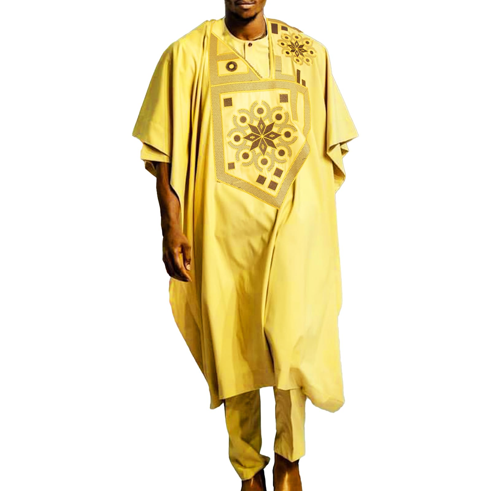 Photo 1 of TIDOIRSA African Men's Clothing Bubu Caftan, Embroidery, African Attire Men Dashiki Shirts and Pants Outfit, 3 Piece Set (Gold, XXL)