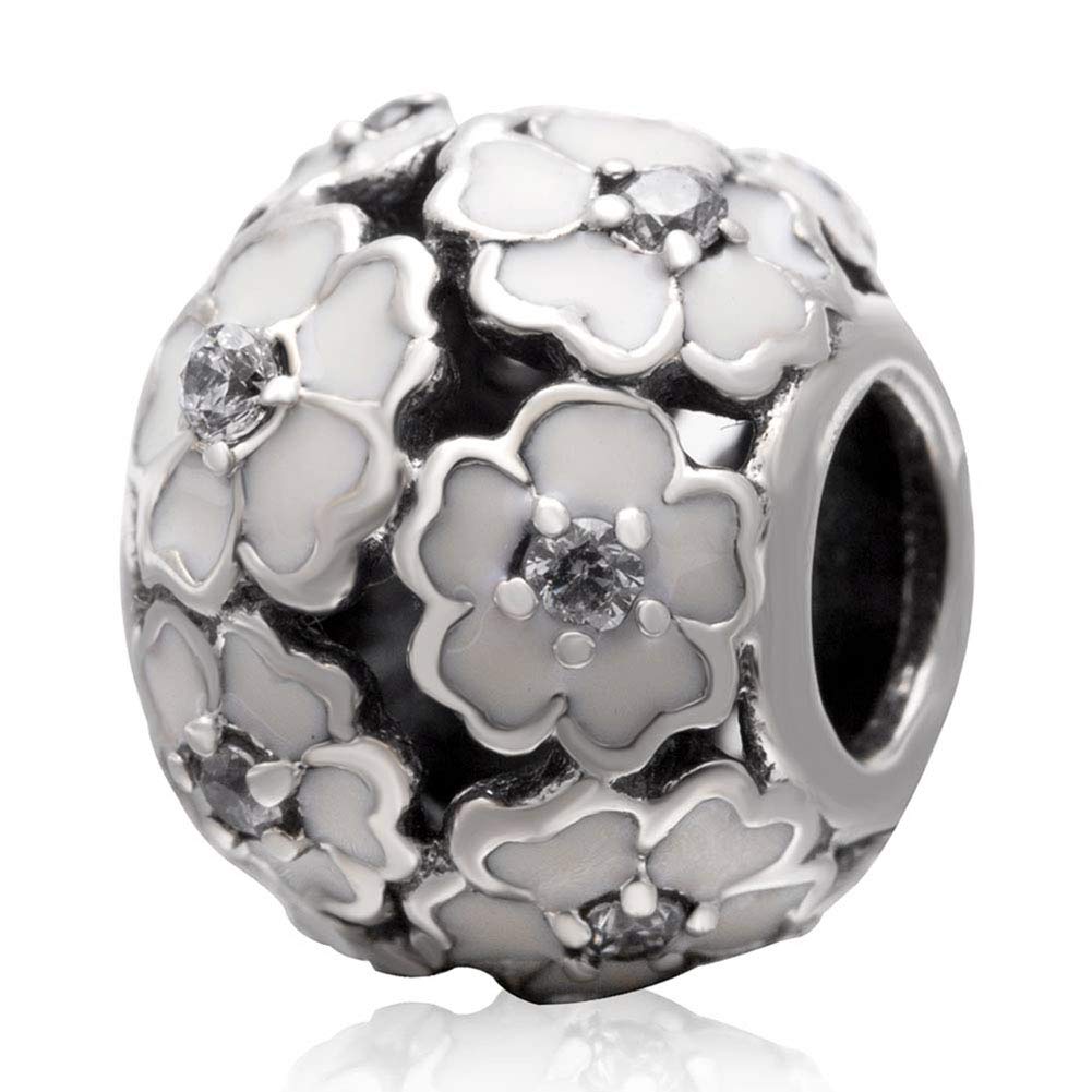 925 Sterling Silver Rose Charm Flower Charm Love Charm Anniversary Charm Lucky Charm for Pandora Charm Bracelet (White)
