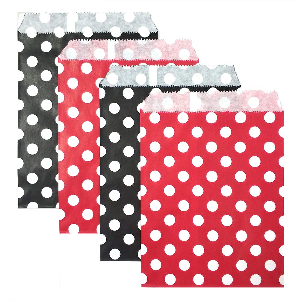 KEYYOOMY 100 Pcs Red and Black Candy Buffet Bags Small Cookie Bag Polka Dot Paper Treat Bag for Wedding Birthday Party (5 inch x 7 inch)