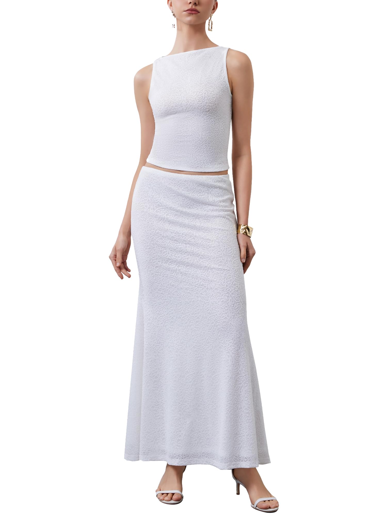 Photo 1 of Yulaviniee Women's Summer 2 Piece Skirt Set White Lace Sleeveless Top & Maxi Skirt