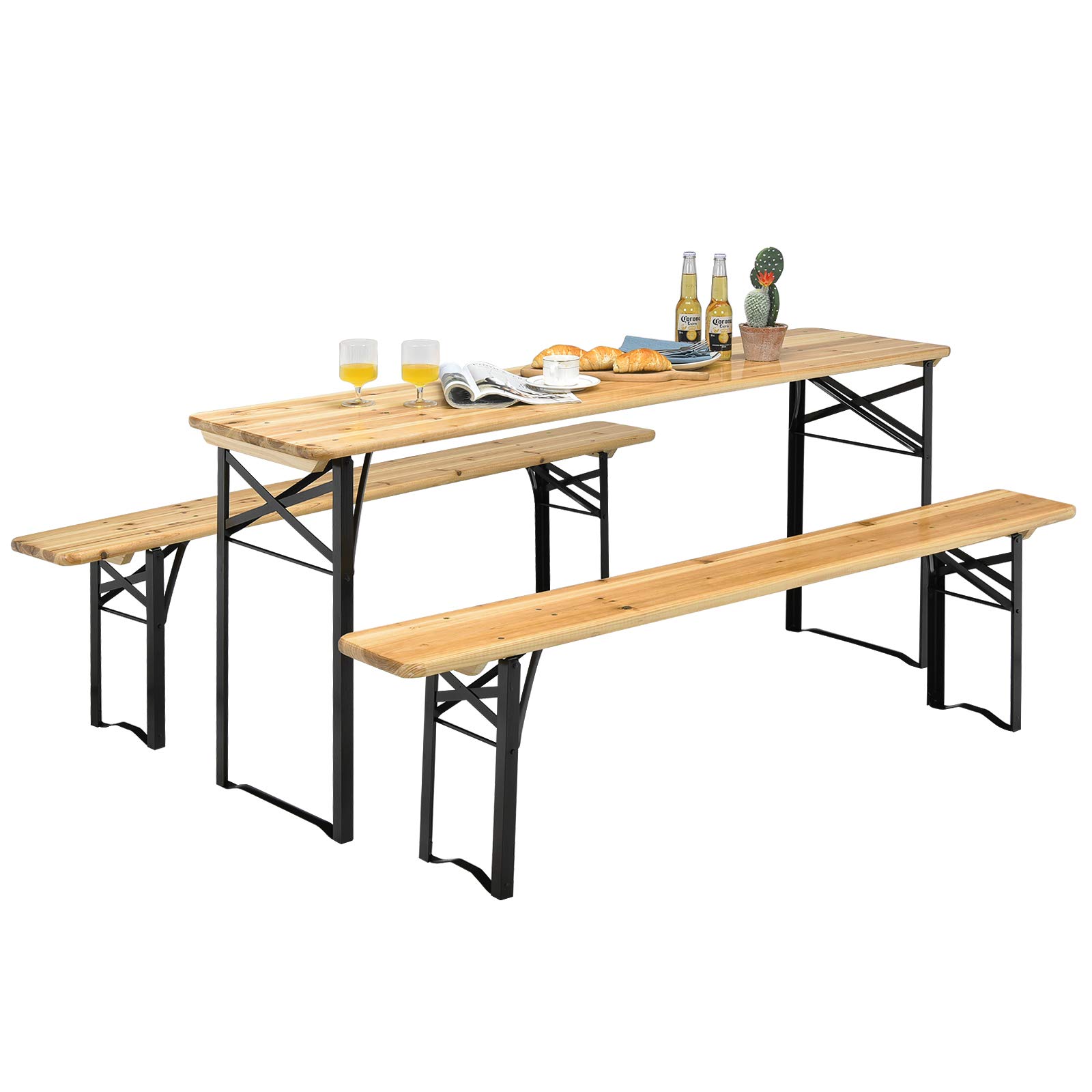 Giantex 70” 3-Piece Portable Folding Picnic Beer Table with Seating Set Wooden Top Picnic Table for Patio Outdoor Activities Garden Use, 30” Table Height
