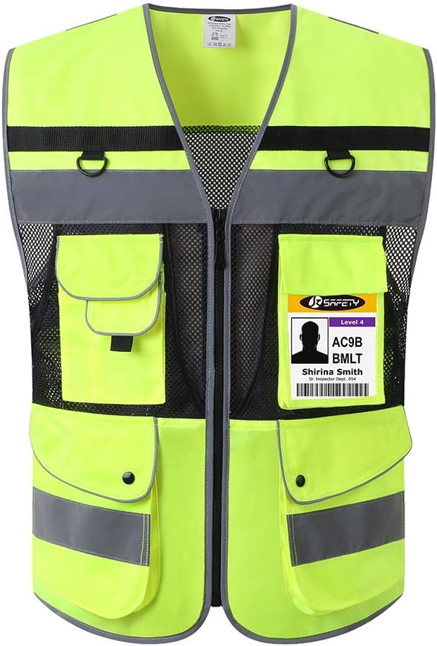 JKSafety 12 Pockets Class 2 High Visible Reflective Safety Vest Zipper Front Large Back Pockets Breathable and Mesh Lining ，Yellow-Black Meets ANSI/ISEA Standards(Yellow-Black X-Large,）