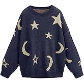 WDIRARA Women's Star Moon Print Long Sleeve Sweater Round Neck Knitted Pullovers Top