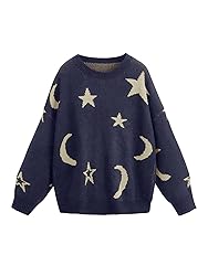 WDIRARA Women's Star Moon Print Long Sleeve Sweater
