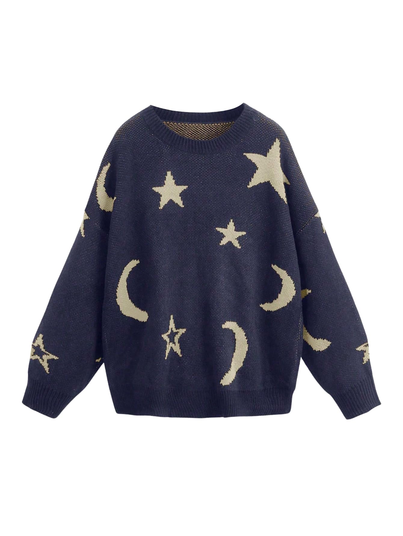 WDIRARA Women's Star Moon Print Long Sleeve Sweater
