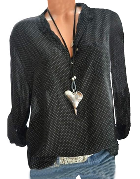 Ajpguot Langarmshirt Damen V-Ausschnitt Freizeit Manschetten-Ärmel Shirt Tops Locker Punkte Bluse mit Taschen Hemden Oberteile Tuniken