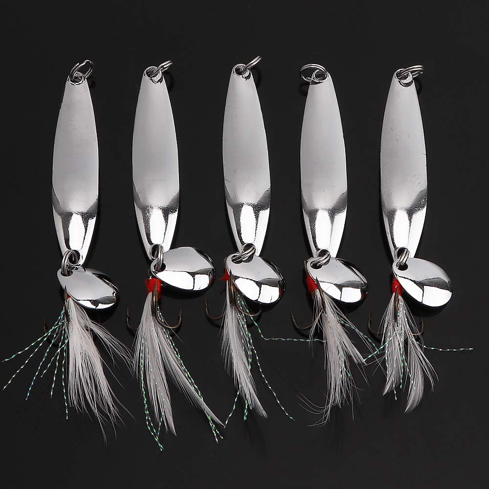 OriGlam 5pcs Spoons Hard Fishing Lures Kit, Metal Lure Baits With Treble Hooks for Salmon Bass