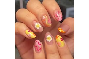 ZJHGDR 24 Pcs Flower Press on Nails Short, Almond French Tips Fake Nails Short Glue on Nails, Sun Flower False Nails with Glue Stickers, Cute Acrylic Nails Short for Women and Girls