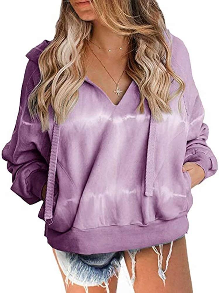 SUCCIOR Women Tie Dye Hoodie Long Sleeve Loose Side Pocket Sweatshirt S Light Purple at Amazon 