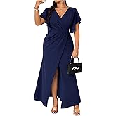 BEAUDRM Women's Plus Size Split Thigh Maxi Dress Elegant Wrap V Neck Short Sleeve Evening Party Dresses