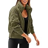 Fisoew Womens Windbreaker Crop Jackets Long Sleeve Zip Up Hidden Hooded Winter Bomber Jacket with Pockets