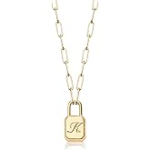 MTMY Lock Initial Necklace 14K Gold Plated Adjustable Paperclip Chain Dainty Lock Pendant Necklace Personalized Engraved Letter Jewelry for Women