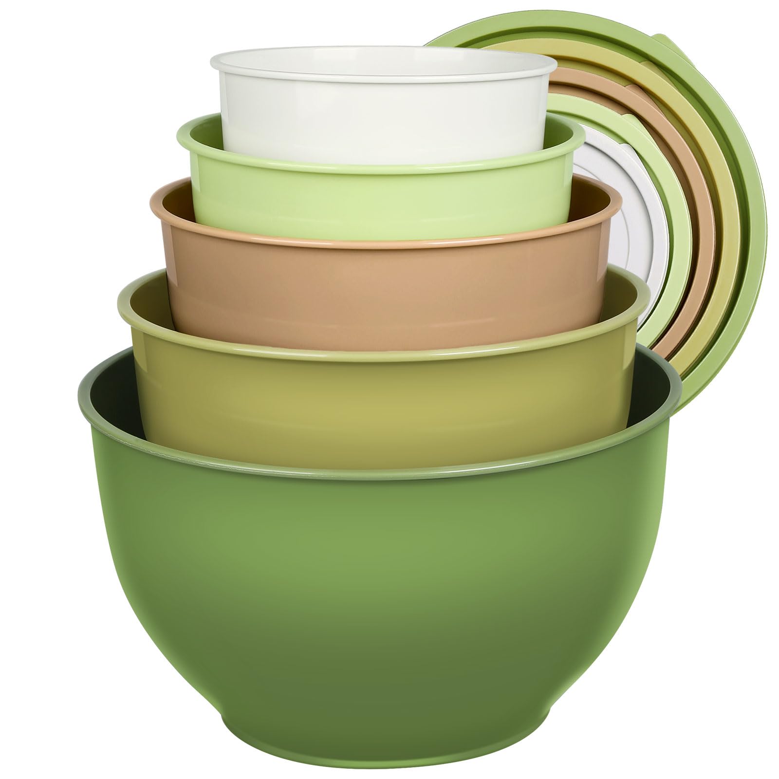 Greentainer Plastic Mixing Bowls Set with Lids, Nesting Bowls for Prepping, Serving, Cooking & Baking, Large Mixing Salad Bowl for Kitchen Storage, Dishwasher & Microwave Safe, Set of 5 (Green)