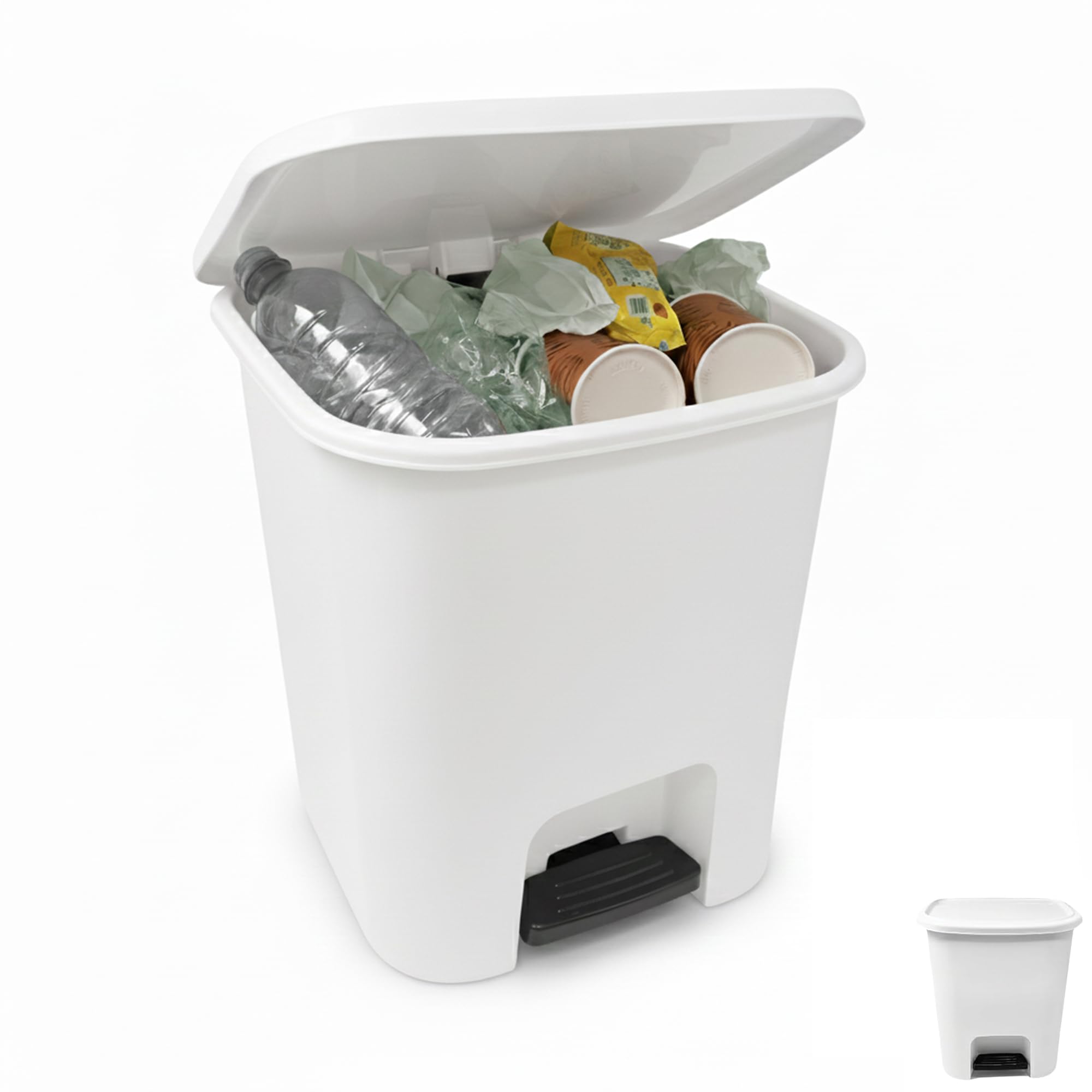 PLASTIFIC 7.5L Foot Pedal Bin Dustbin Rubbish Paper Waste Kitchen Office Plastic Bins Small Pedal Bins for Kitchen Pedal Bins with Lids (White, 7.5L)