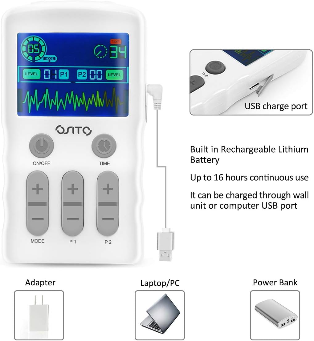 TENS Unit Muscle Stimulator OSITO Dual Channel Electric Pulse Massager with Color Display TENS Machine Muscle Therapy 25-Mode 50-Intensity 10 Electrode Pads for Pain Relief: Health & Personal Care