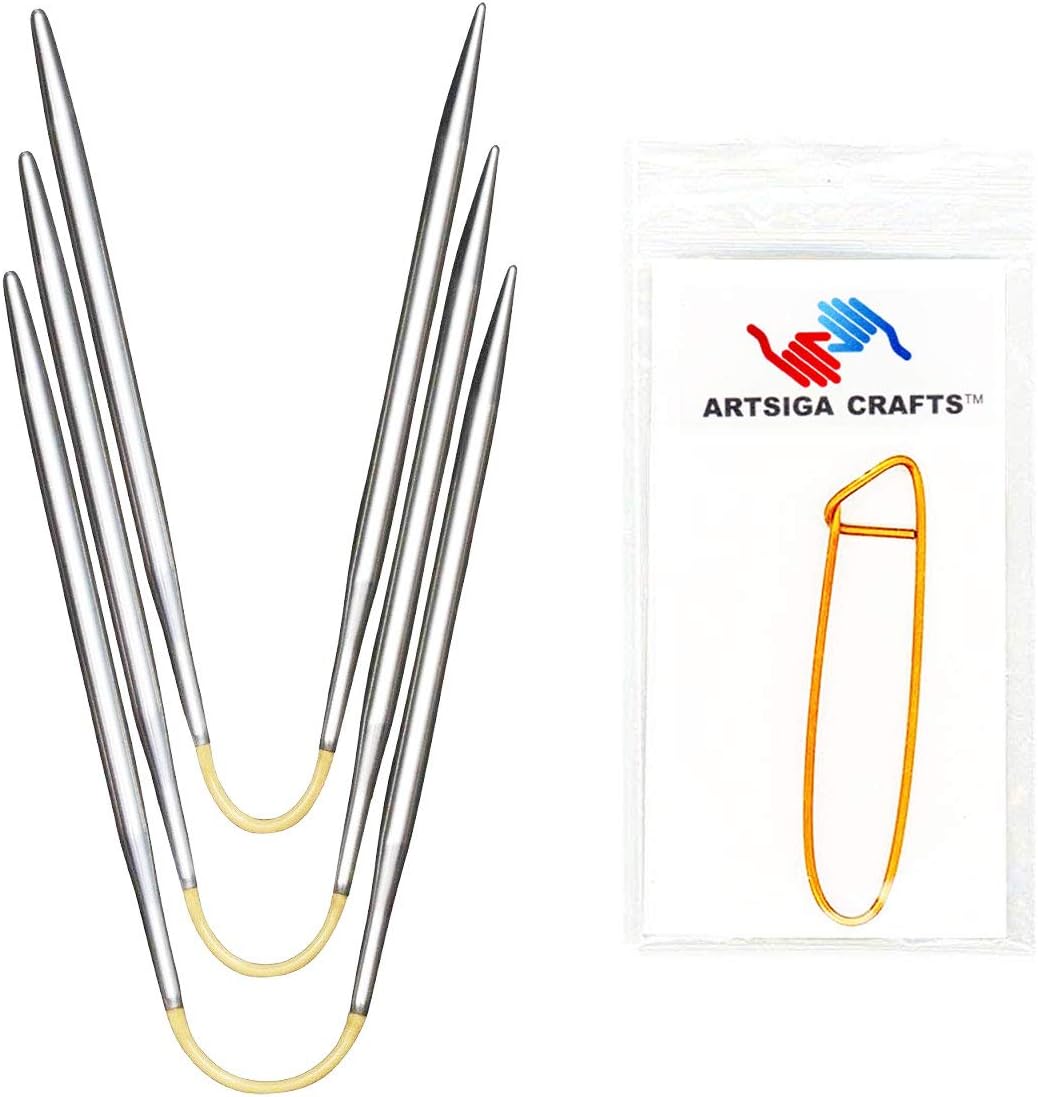 addi Knitting Needle Crasytrio Double Pointed White-Bronze Gold Cord 21cm (Set of 3) Size 3.75mm Bundle with 1 Artsiga Crafts Aluminum Stitch Holder