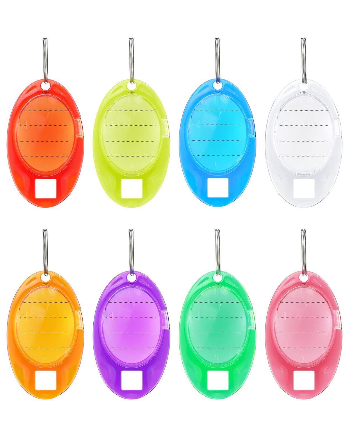 Uniclife 24 Pack Oval Key Tags Colorful Tough Plastic Key Chain Tags with Ruled Paper Labels Clear Windows and Split Rings Sturdy Item Identifiers, 8 Colors