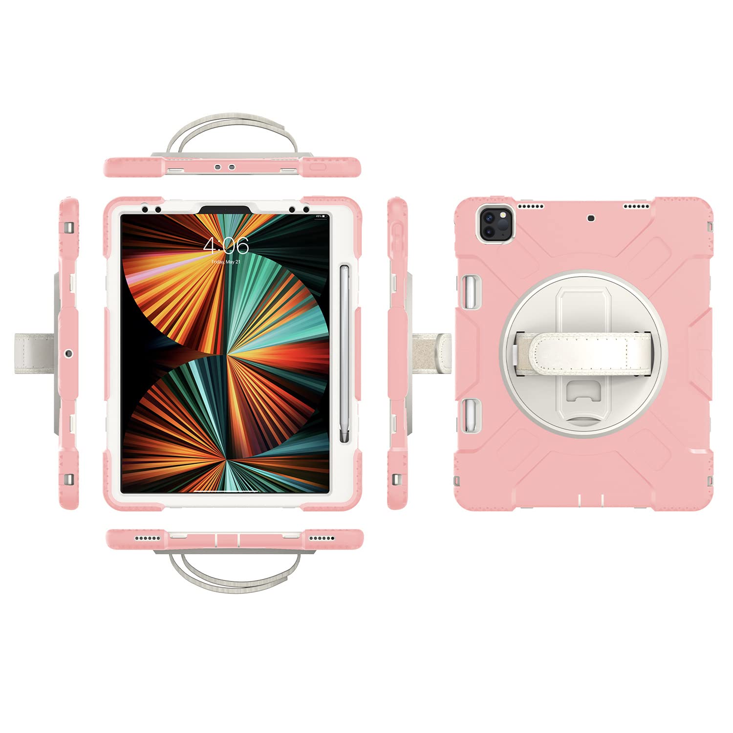 iPad Pro11 2018/2020/2021 Generation Case with Screen Protector Pencil Holder Kickstand Hand Strap 360 Rotating Hand Strap Stand Durable Protective Case (Rose Gold)