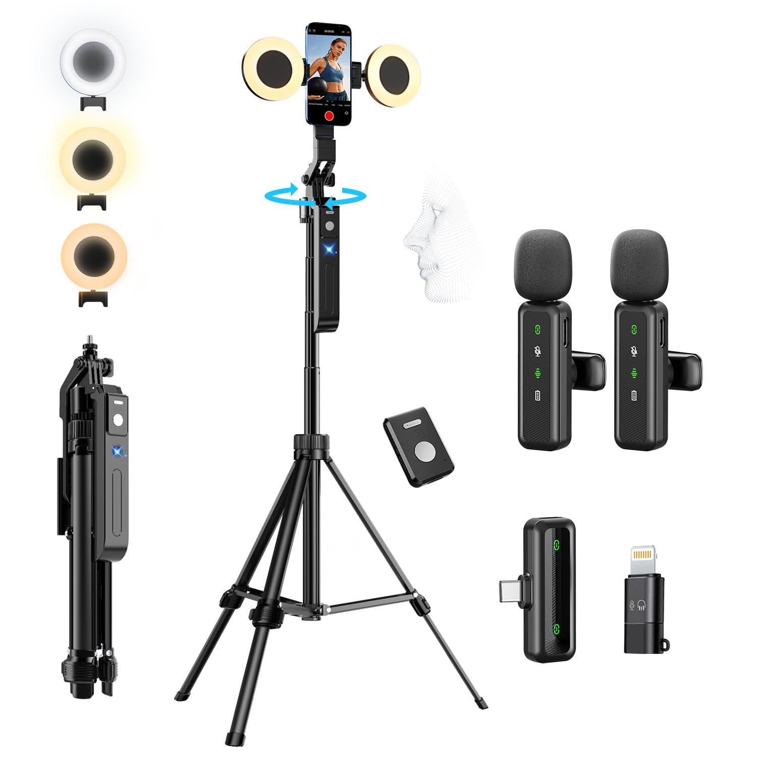 Photo 1 of yAyusi Vlogging Kit for iPhone/Android, 70.9" Auto Face Tracking Tripod for iPhone with Light, Microphone/Remote Control, Content Creator Essentials Starter Kit for TikTok and YouTube