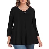MONNURO Womens Plus Size 3/4 Sleeve V Neck Button Casual Loose Flowy Swing Tunic Tops Basic Tee Shirts for Leggings