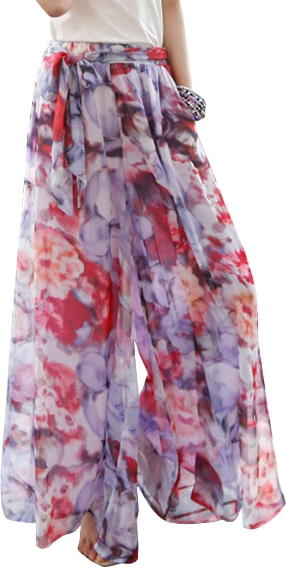 Flygo Womens Flowy Floral Palazzo Pants Boho Wide Leg Chiffon Pant