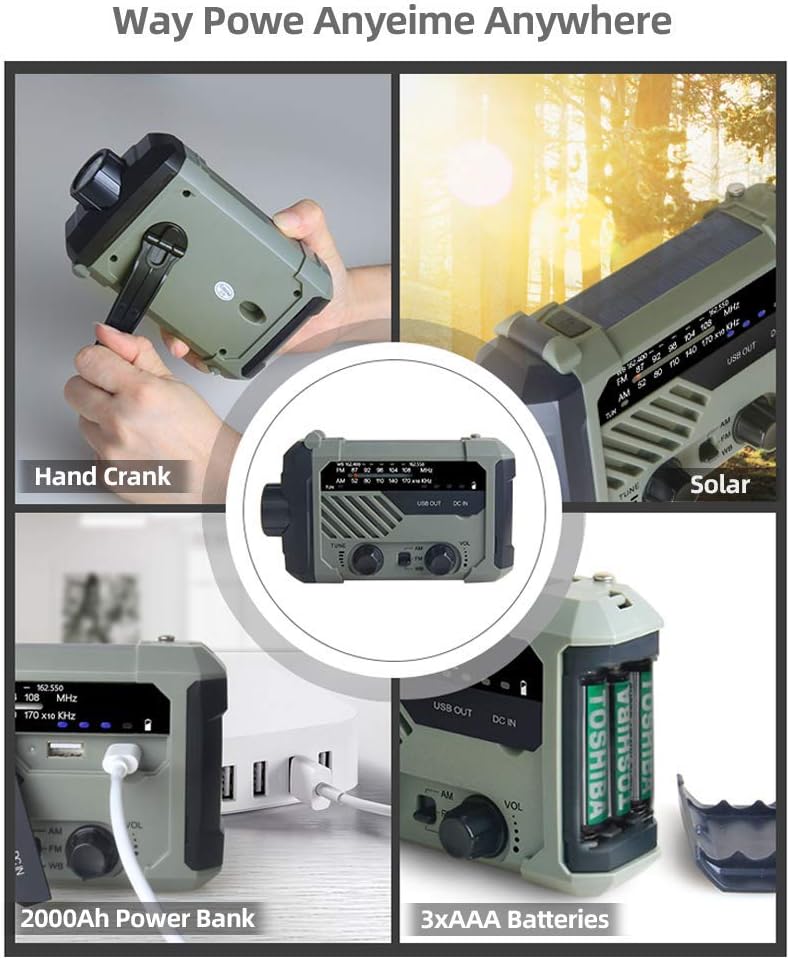 YIFENG Emergency Solar Hand Crank Portable Radio, NOAA Weather Radio for Household and Outdoor Emergency with AM/FM,Reading Lamp,LED Flashlight, USB Charger 2000mAh Power Bank and SOS Alarm: Home Audio & Theater