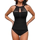CUPSHE Women's Tankini Sets High Neck Mesh Cutouts Two Piece Bathing Suits Adjustable Straps Mid Rise Swimwear