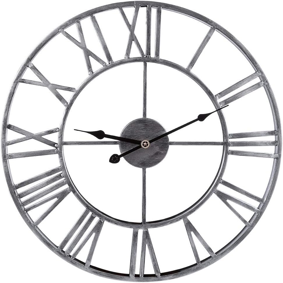 Searchyou - Large Wall Clock, 50CM/20Inch Big Metal Roman Numerals Personalised Non Ticking Wall Clocks for Living Room, Kitchen, Bedrooms, Office, Bar - (Silver)