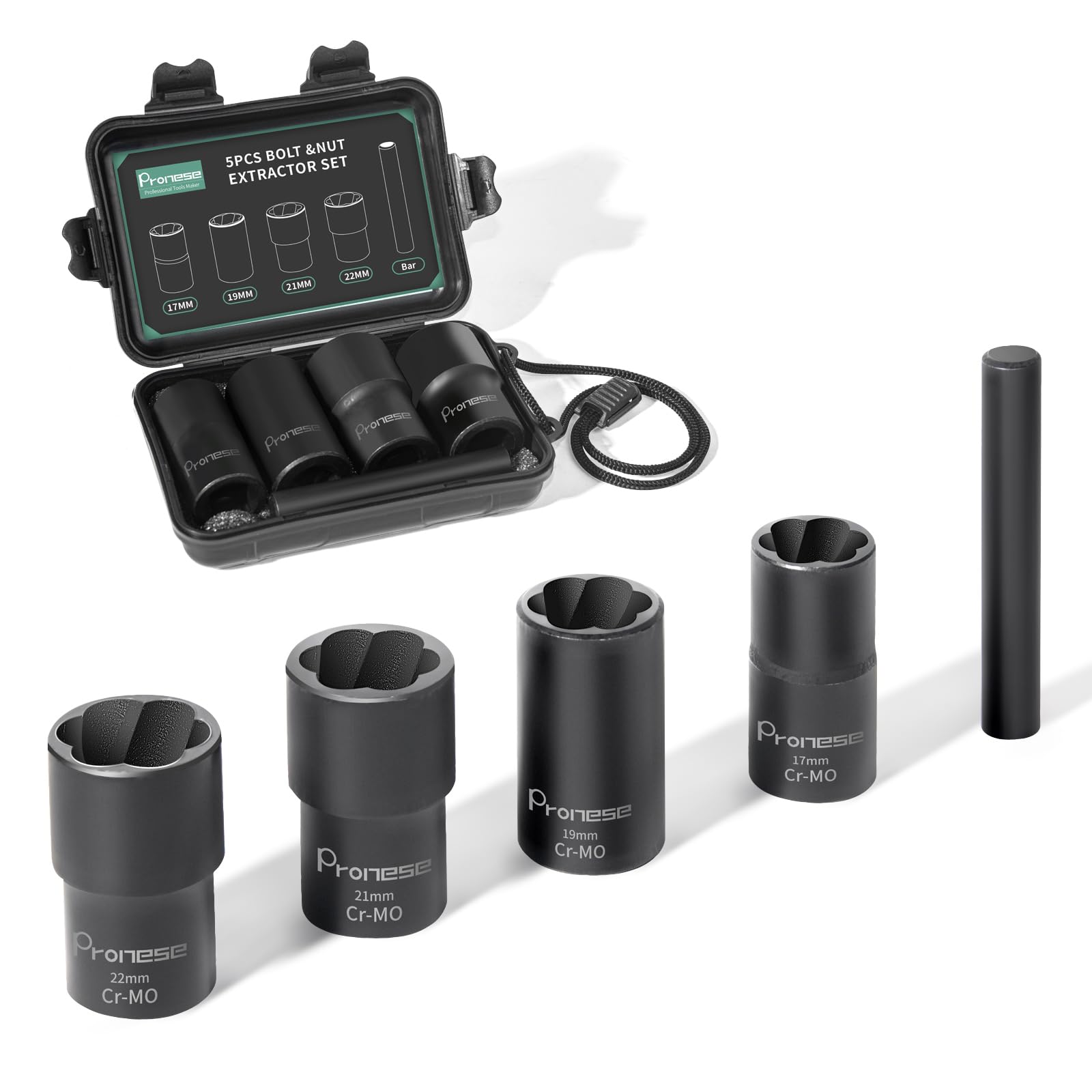 Pronese 1/2" Drive Twist Socket Set Wheel Nut Remover,Locking Wheel nut Removal Tool to Remover Damaged Rusted Lug Nut,Big Bolt Extractor Set 5Pcs 17mm,19mm,21mm,22mm Socket with 1PCS Bar