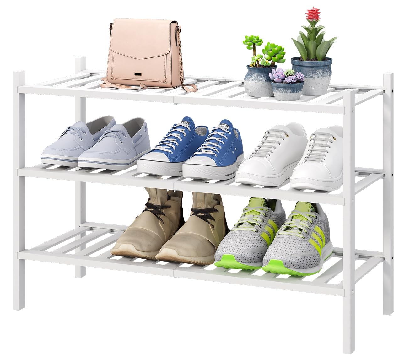 Photo 1 of viewcare White Shoe Rack, 3-Tier Bamboo Wood Shoe Rack for Closet, Entryway & Hallway, and Stackable Shoe Shelf Storage Organizer for Indoor and Outdoor