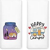 WUUCKOO 2PCS Happy Camper Funny Kitchen Towels, Collect Memories Camping Kitchen Towels Dish Towels Dishcloth, Camping Hand Towels for RV Campers Lovers Adventurers Home Decorations Gifts