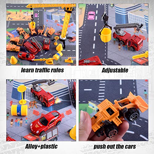 HONYAT Engineering Construction Vehicles Toys Set with Play Mat and Car Storage Box ,10 Alloy Cars Include Fire Trucks -with Accessories and Tower Crane ,Gift for Boys and Girls Ages 3-12.