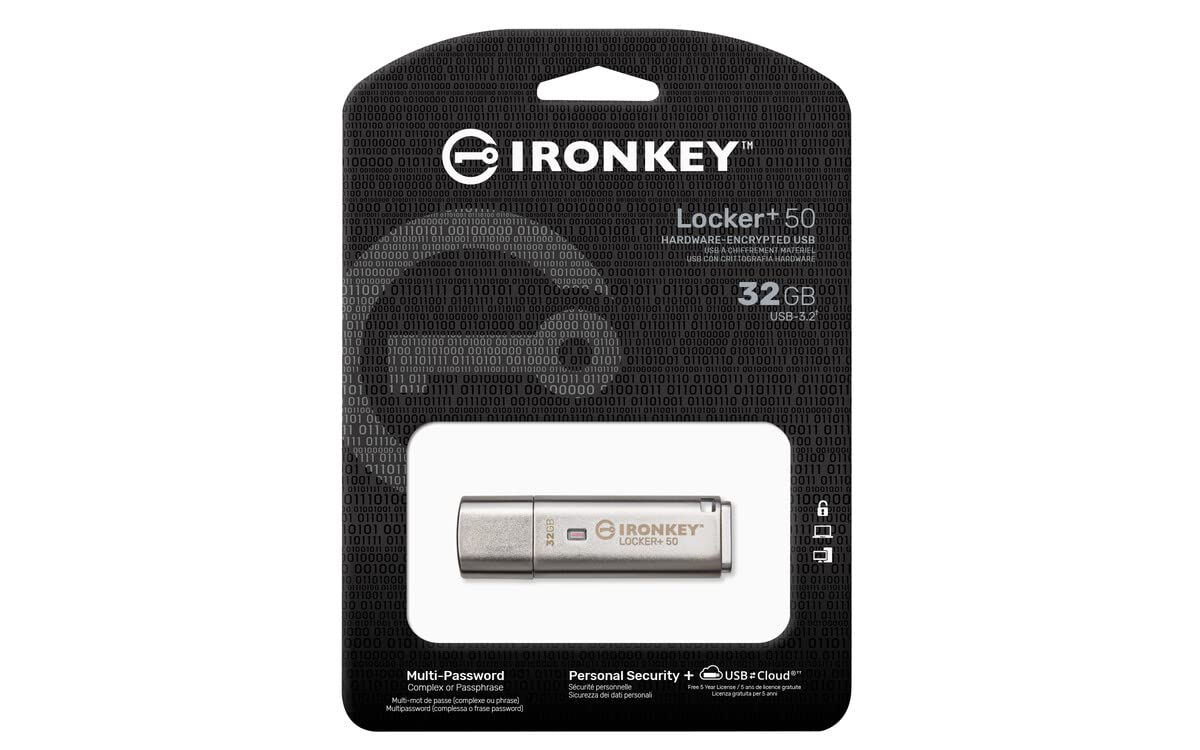 Kingston Ironkey Locker+ 50 32GB Encrypted USB Flash Drive | USB 3.2 Gen 1 | XTS-AES Protection | Multi-Password Security Options | Automatic Cloud Backup | Metal Casing | IKLP50/32GB,Silver