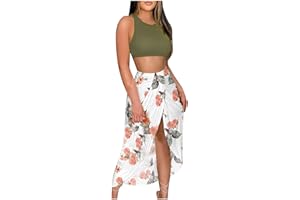 BADHUB Ruched Bodycon Midi Skirt Set for Women Crop Tops Floral Printed Draped Skirt Beach Party 2 Piece Outfits