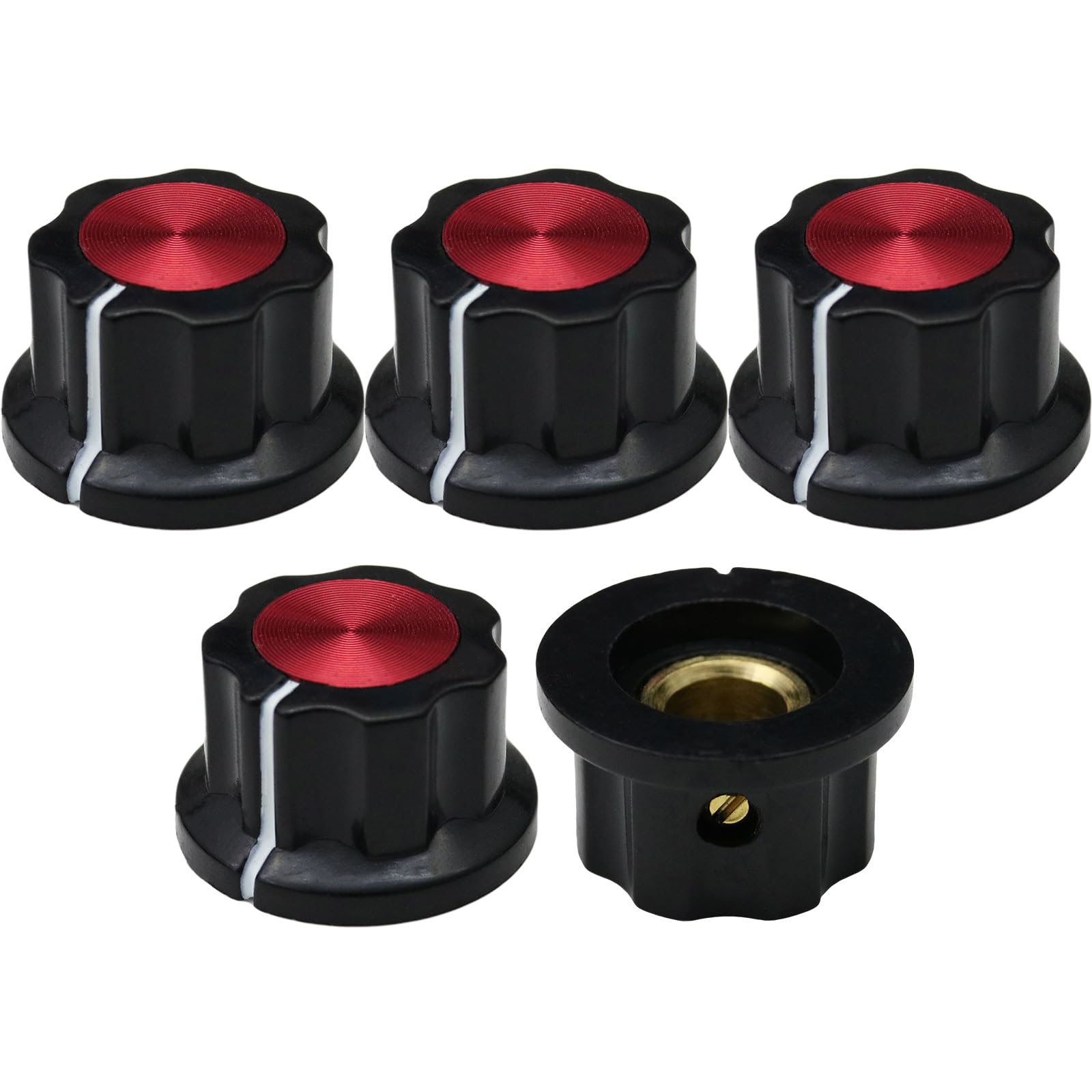 6.4mm Round Hole Fluted Retro Style Silver Cap Amplifier/Instrument Control Knob Pack of 5 (Black/Red)