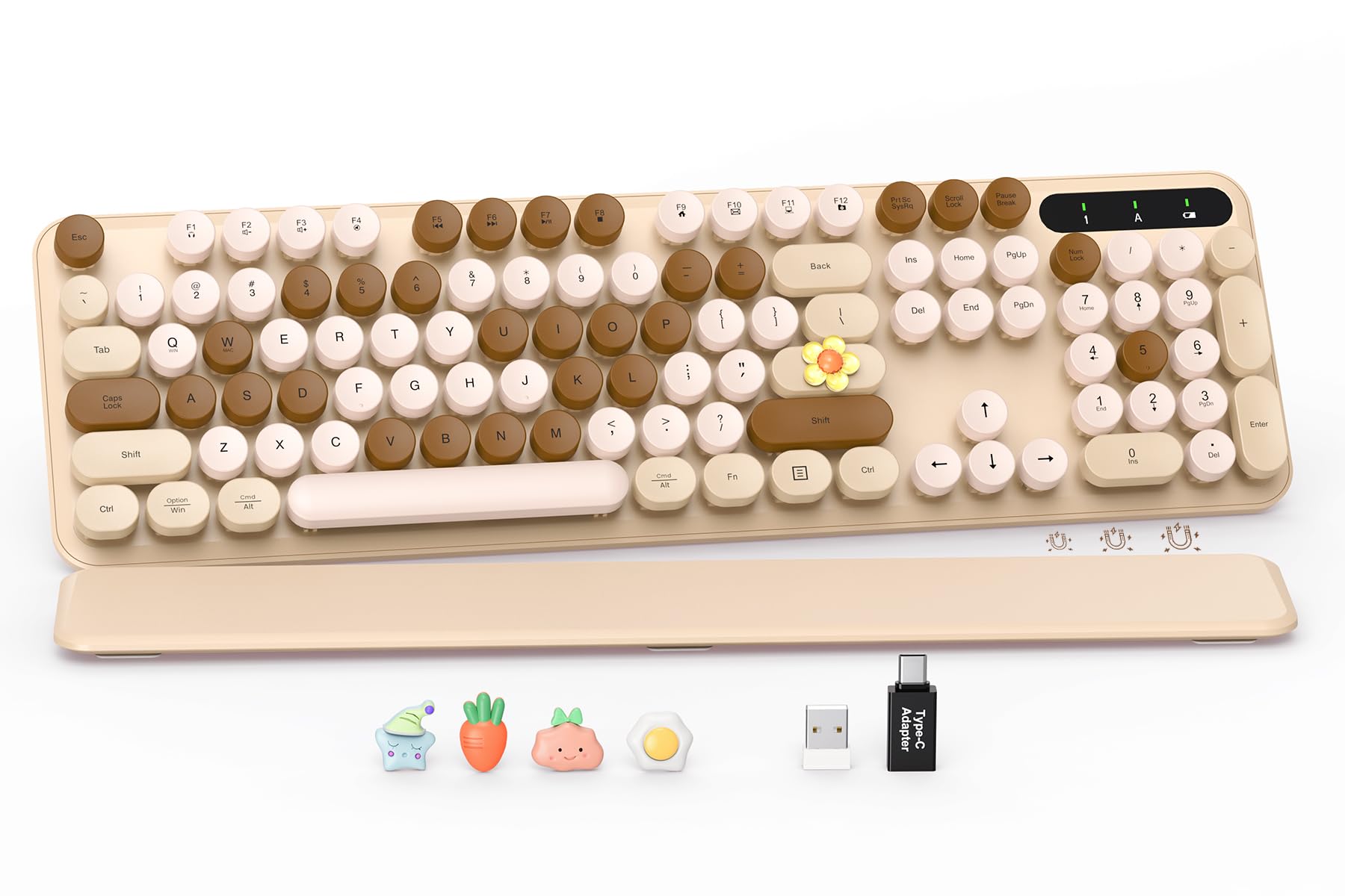 Photo 1 of SABLUTE Wireless Keyboard, Round Keycaps, Retro Typewriter Keyboard with Detachable Wrist Rest, Sleep Mode, Foldable Legs, 2.4GHz Full-Size Cordless Computer Keyboard for Windows/PC/Laptop (Latte)