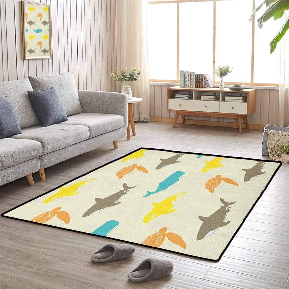 Sofa Carpet, Anti-Static, Water-Repellent Rugs Good Elasticity, Stylish in Design for Room Home Bedroom, Sea Animals | Pattern with Whale Shark and Turtle Aquarium Doodle Style Marine Life - 4'x5'