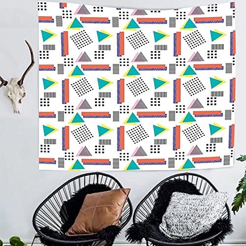 Amazing Outlets Tapestry custom 90S Decorations Tapestry Memphis Style Geometric Illustration With Dots Barcode Triangle Shapes Retro Art Bedroom Living Room Dorm Decor Coral Black