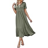 Women's 2026 Summer Short Sleeve V Neck Swing Dress Flowy Tiered Maxi Beach Sundress with Pockets