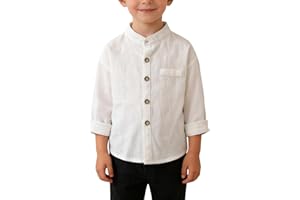 Toddler Boys Button Down Linen Shirt Baby Boys Long Sleeve Mandarin Collar Shirt Loose Fit Casual School Summer Tops