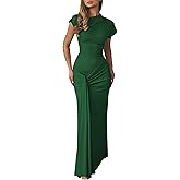 Mojessy Women Bodycon Maxi Dress Sexy Mock Neck Lace Up Bandage Ruched Short Sleeve Long Dress Cocktail Dress