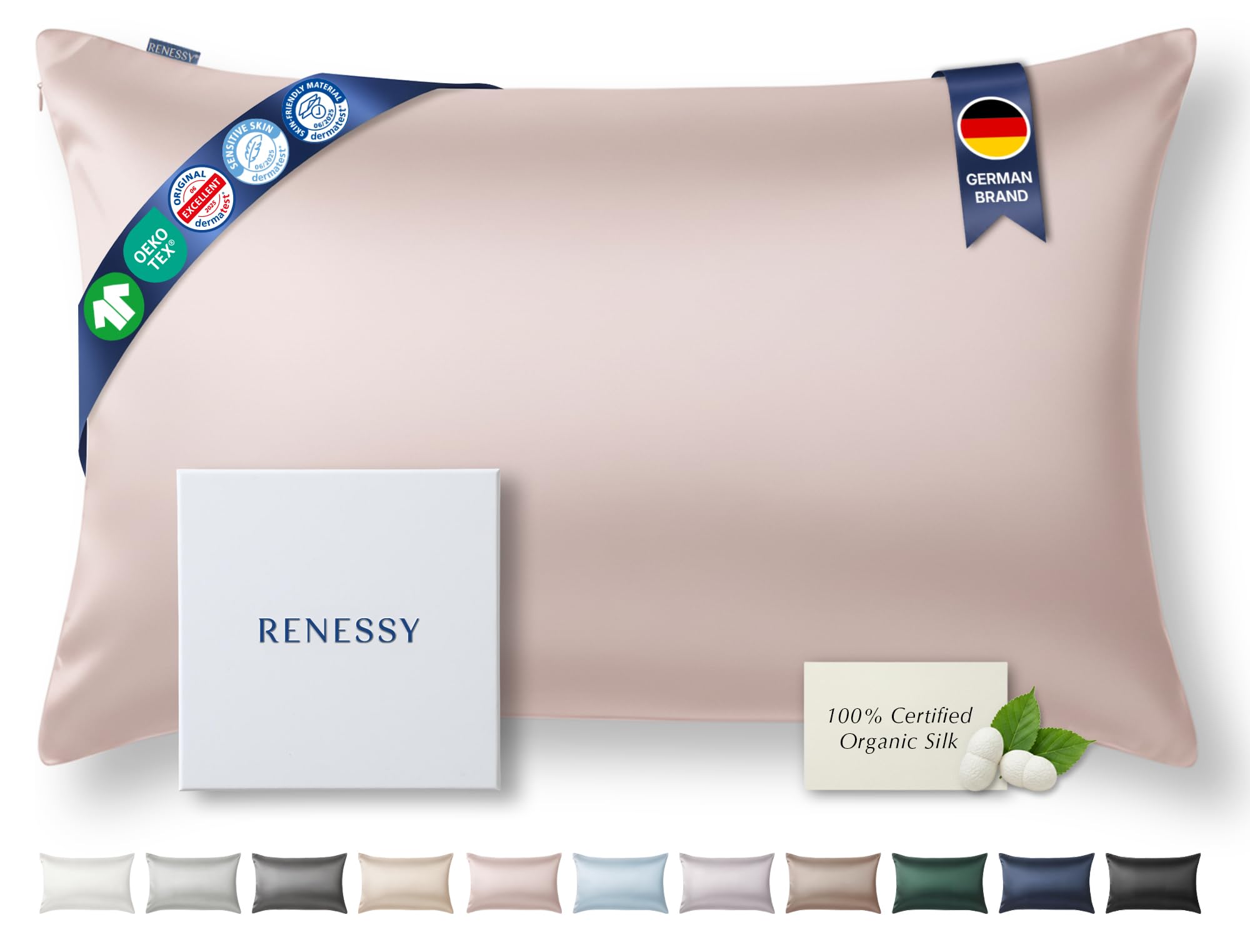 RENESSY Premium Silk Pillowcase 100% Organic Mulberry Silk, 22 Momme, Grade 6A - Oeko-Tex Certified in Germany - Luxury for Hair & Skin, 1 Piece (Standard 50x75 cm, Heavenly Pink)