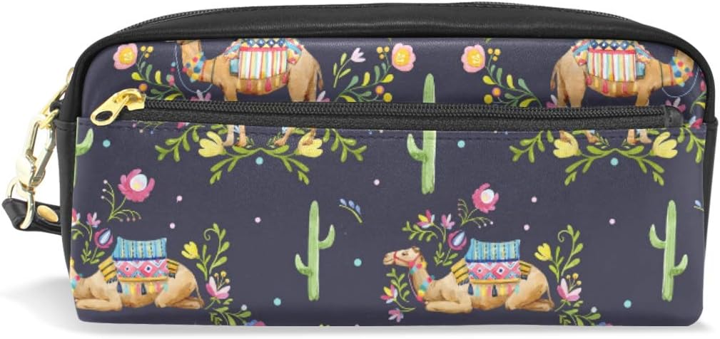 Ahomy Watercolor Camel Cactus Pencil Pen Cases Double Zipper Large Makeup Cosmetic Stationery Storage Pouch Bag for Girls Boys Women