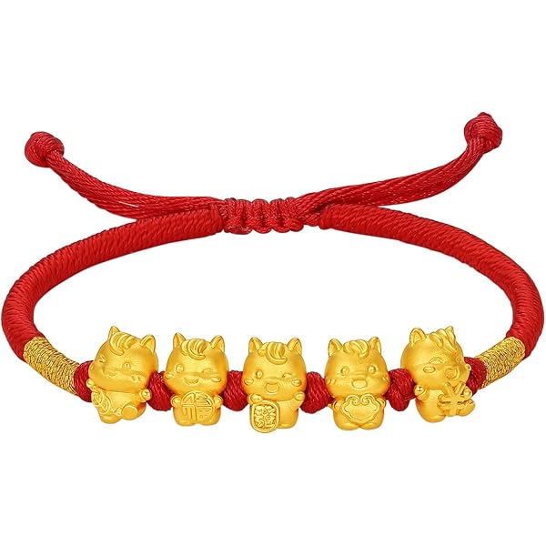 ZHOU LIU FU 24K Solid Gold Bracelet - Adjustable Red Black Braided Cord With Pixiu, Dragon & Turtle Charms - View #5