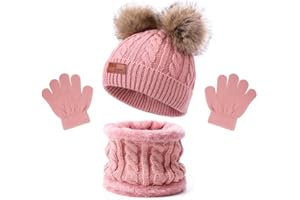 AIYUENCICI Kids Cute Pompom Winter Beanie, 3 In 1 Hat Scarf Gloves Set Knitted Fleece Lined Beanies Cap for Toddler Kids 1-6 Years Old