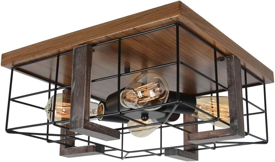 Baiwaiz Square Farmhouse Flush Mount Ceiling Lighting, Rustic Wood Ceiling Light Industrial Black Metal Wire Cage Light Fixture 4 Lights Edison E26 126