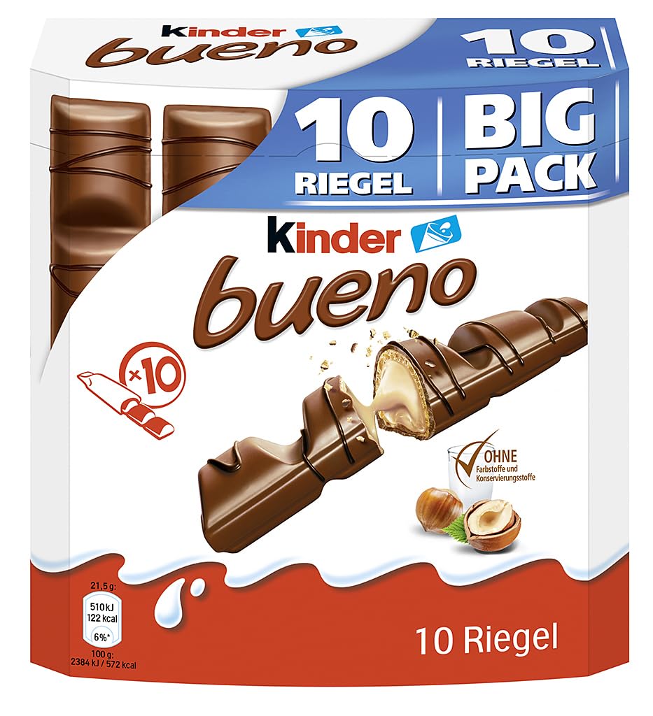 kinder bueno Big Pack – Schokoriegel mit knuspriger Waffel, feiner Milch-Haselnuss-Cremeund zarter Vollmilchschokolade – 1 Großpackung mit 10 einzeln verpackten Riegeln (10 x 21,5 g)