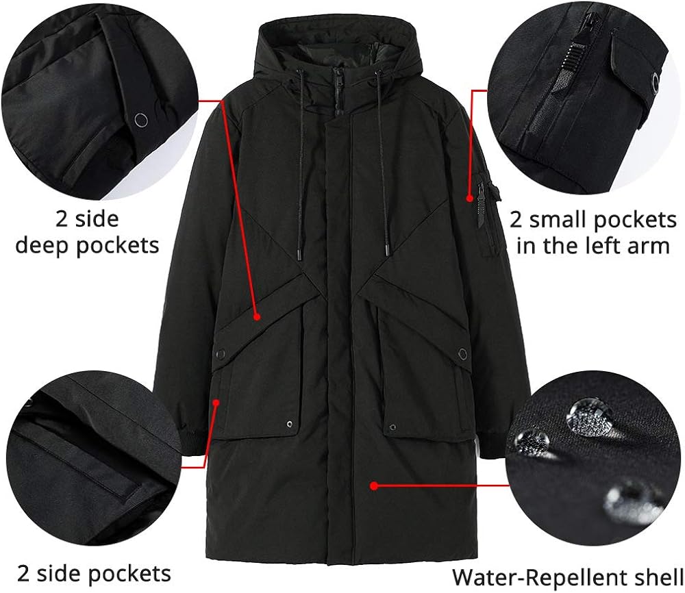 Pioneer Camp Men's Winter Coats Water-Repellent Windproof Thicken Parkas Long Hooded Padded Puffer Jacket: Clothing