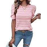 Sumleno Womens Puff Short Sleeve Sweaters Trendy Striped Pattern Short Sleeve Crew Neck Tops Soft Casual Work Knit Pullover