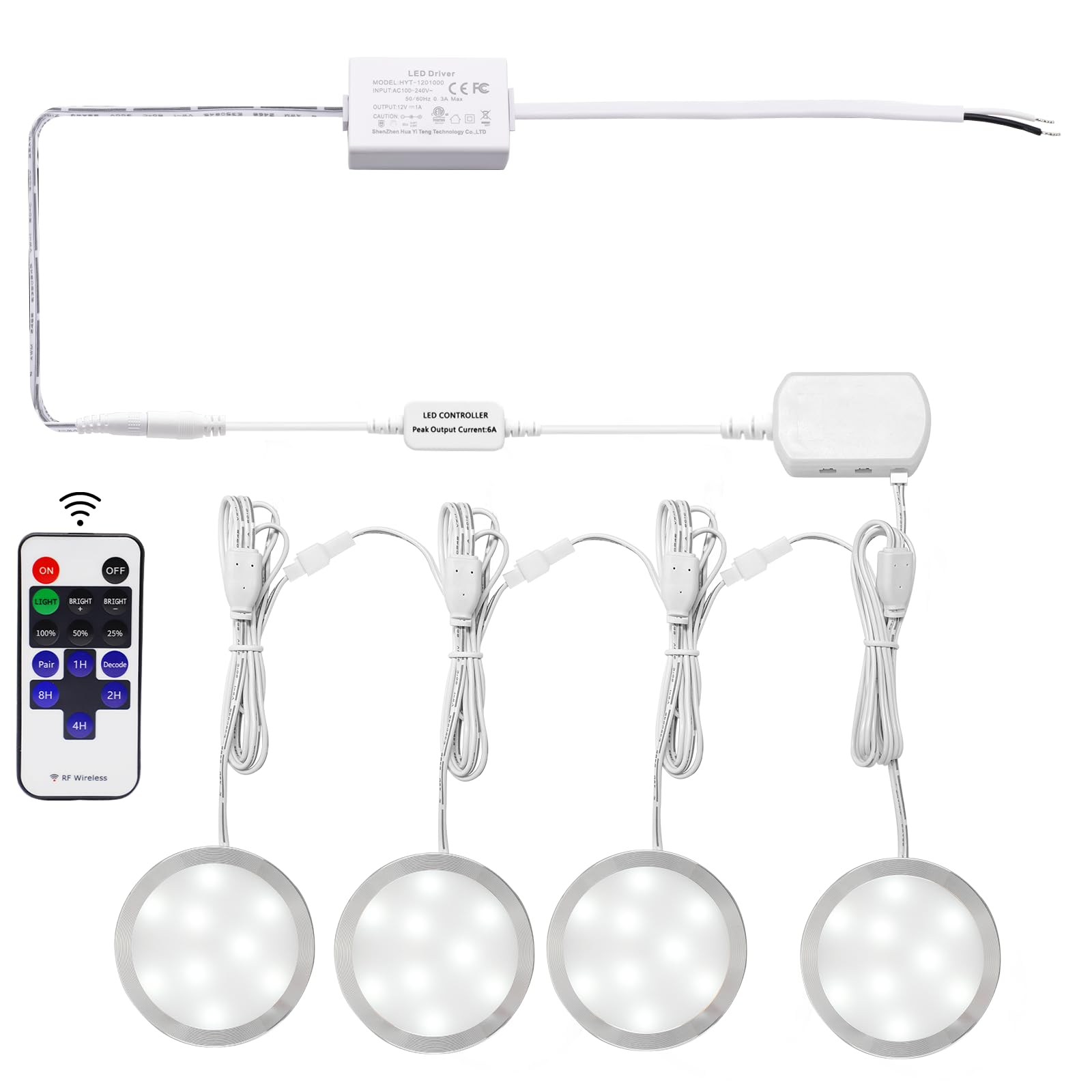 AIBOO Linkable Under Cabinet LED Lighting 12V Slim Aluminum Dimmable Puck Lights Direct Wired with RF Remote Control for Kitchen Lighting(4pack, Daylight White)